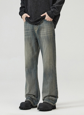 美式复古重工水洗竹节条纹牛仔裤男vibe潮牌显瘦微喇裤