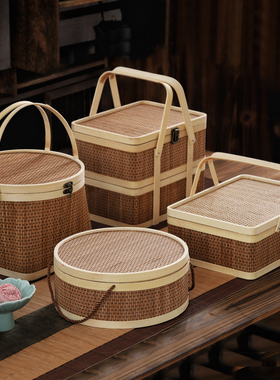 端午节竹篮竹编礼品收纳篮带盖家用手提篮子年货中秋节食品竹包装