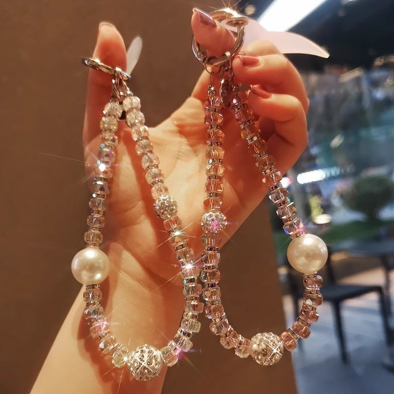轻奢水钻球手链女款手机挂绳短款夹片式手机壳通用吊绳手工串珠链