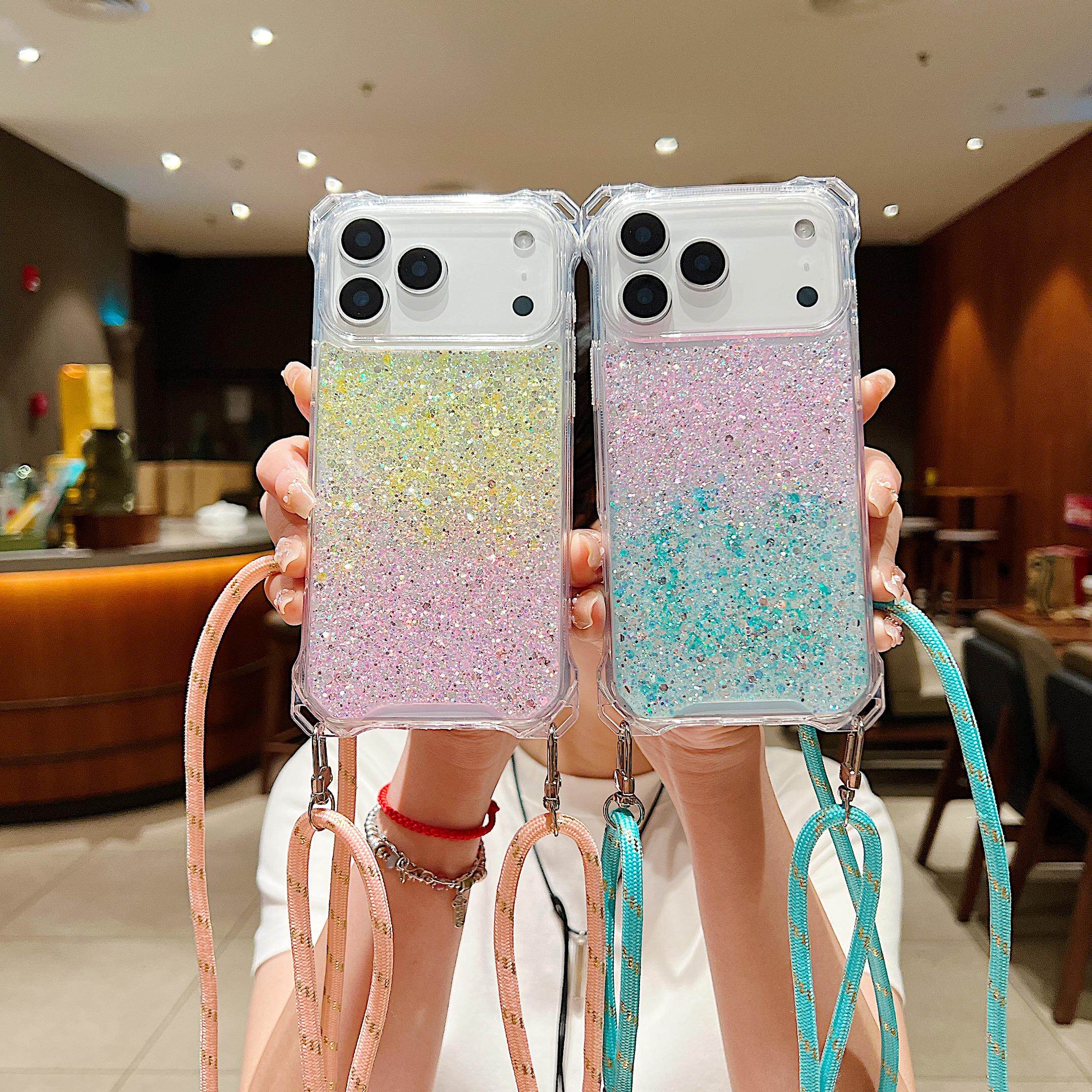 滴胶闪粉四角开孔斜跨16手机壳适用iPhone17promax硬壳苹果13保护套电话壳透明挂绳调节背带大孔14全包防摔15