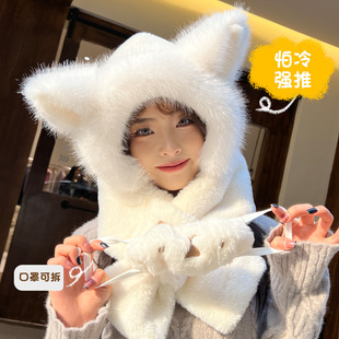 东北哈尔滨雪乡旅游帽子女冬季仿狐狸毛绒帽子围巾一体防寒保暖帽