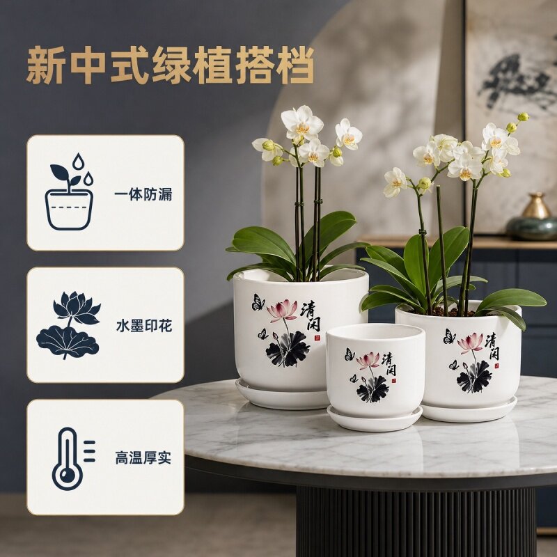 中式简约陶瓷大号一体托盘花盆