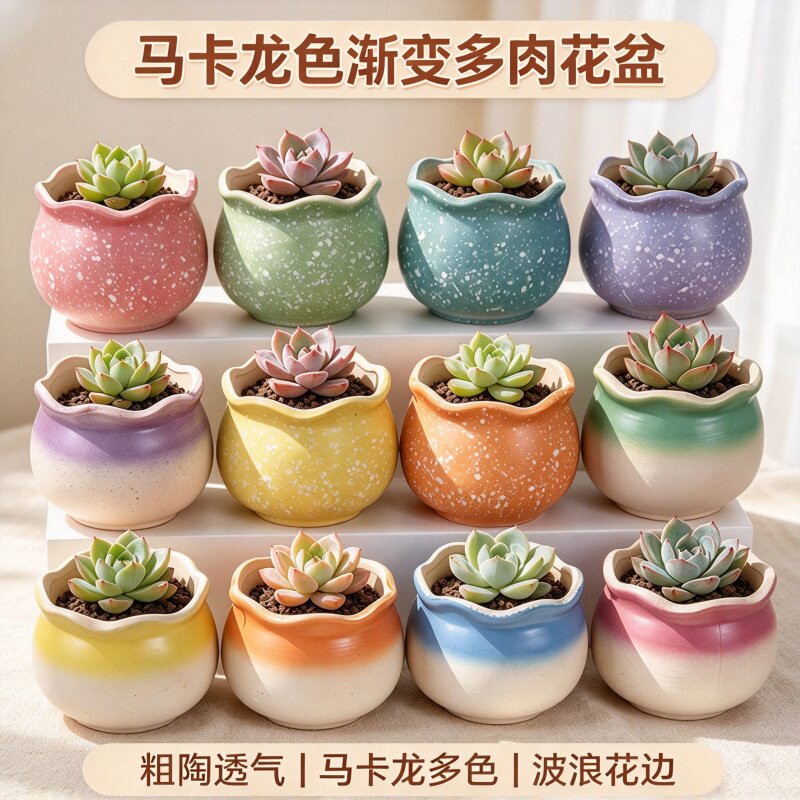 马卡龙多肉陶瓷花盆简约创意绿植透气仙人球粗陶盆栽多肉专用小盆