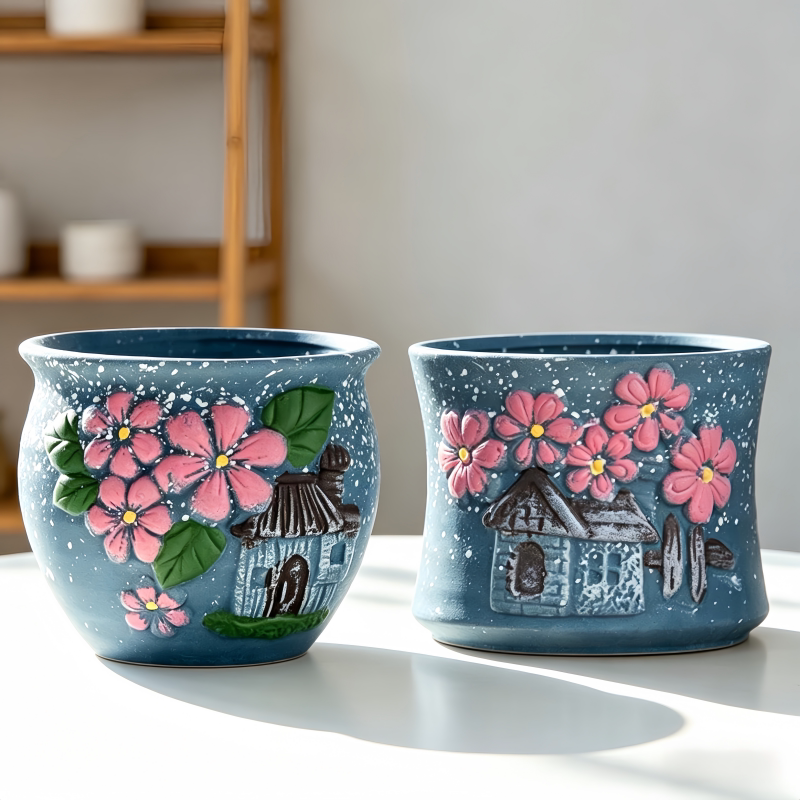 创意田园浮雕陶瓷花盆房子花卉图案家用绿萝多肉吊篮绿植盆带托盘