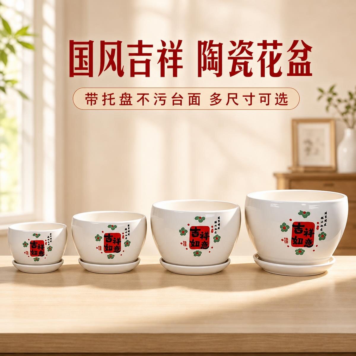 简约中式吉祥陶瓷透气带托盘花盆