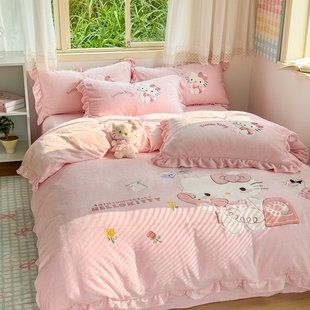 公主风冬季儿童加厚牛奶绒四件套卡通双面珊瑚加绒三件套床上用品