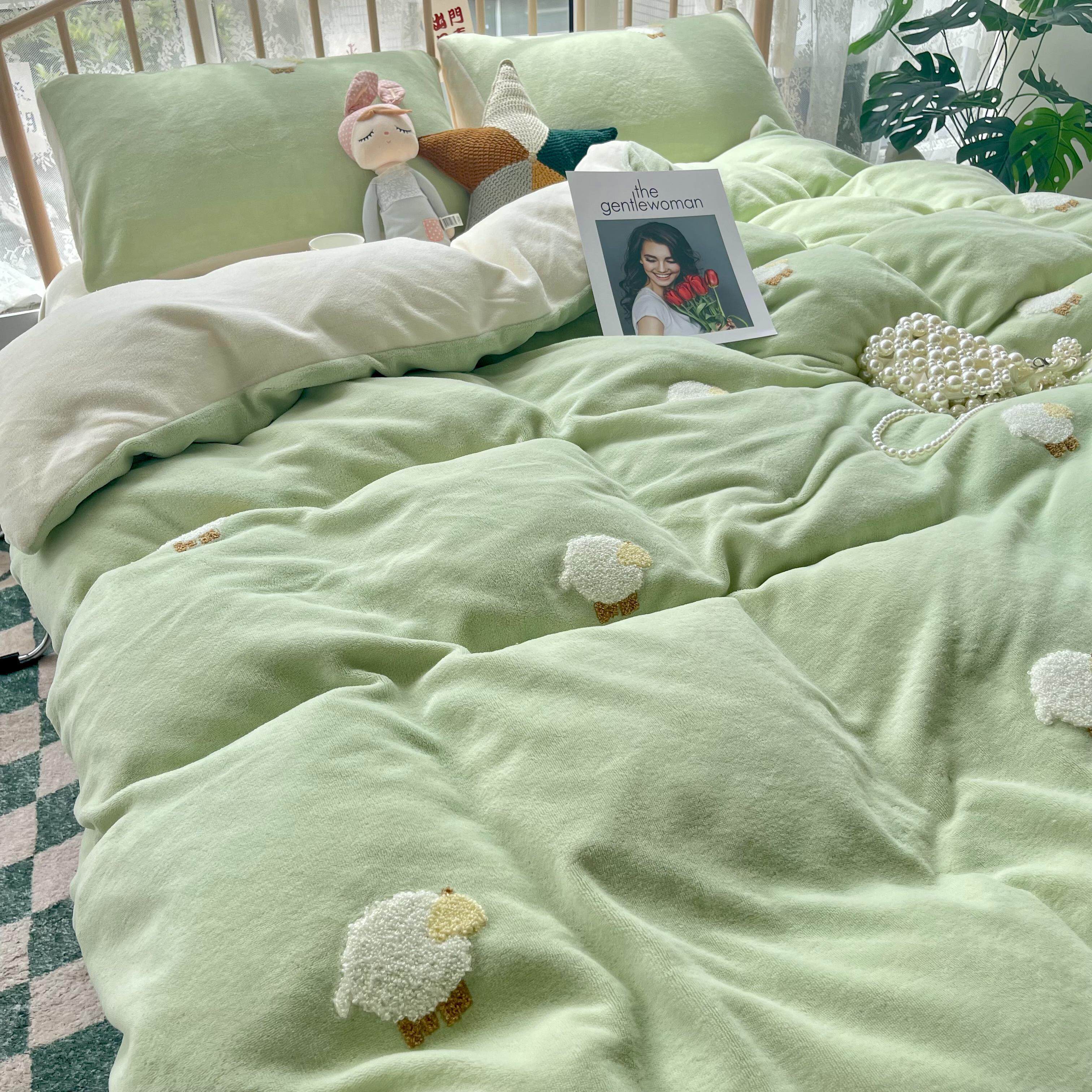 ins毛巾绣牛奶绒四件套小绵羊少女心冬季珊瑚绒毛巾绣床单床用品
