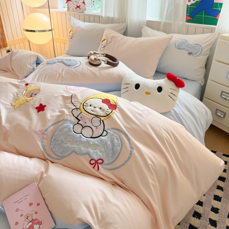 全棉纯棉四件套卡通贴布绣星星凯蒂猫儿童女童少女心被套床单床品
