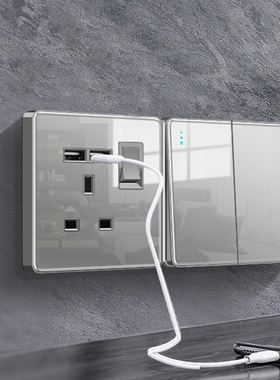 13A英标制灰色玻璃usb插座香港澳电灯制LED开关TYPE-C快充大面板