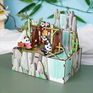 八音盒熊猫山舍音乐盒立体木质手工生日礼物儿童节DIY 同趣拼装