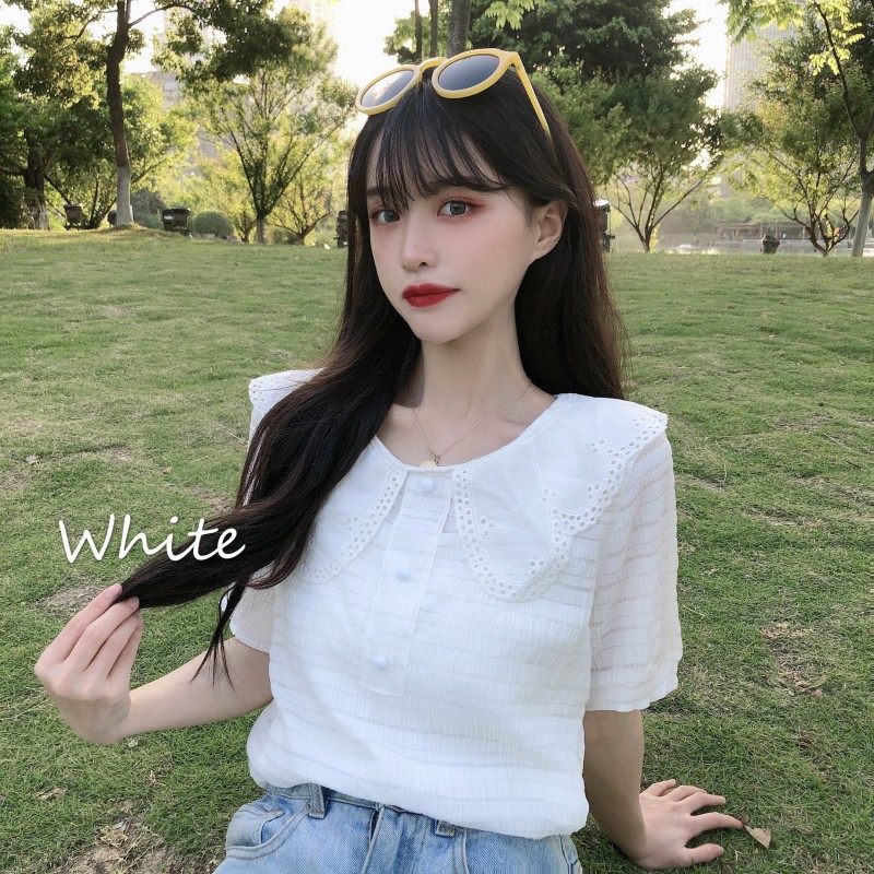 夏季2020新款小清新娃娃领很仙的淡紫色显瘦褶皱短袖衬衫上衣|ruв категории Женская одежда, рубашка - от Buy2taobao.com для оказания профессиональной услуги покупки агента Taobao