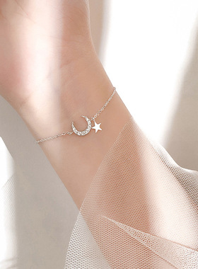 925 Sterling Silver Crystal Star Moon Charm Charm Bracelet
