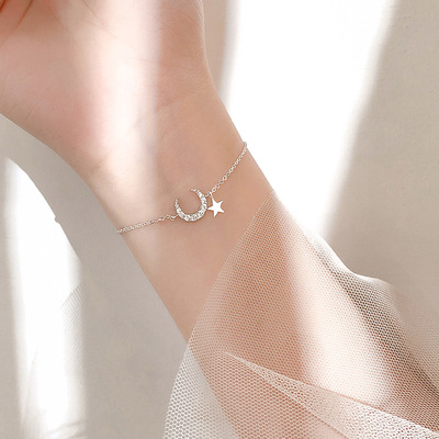 925 Sterling Silver Crystal Star Moon Charm Charm Bracelet