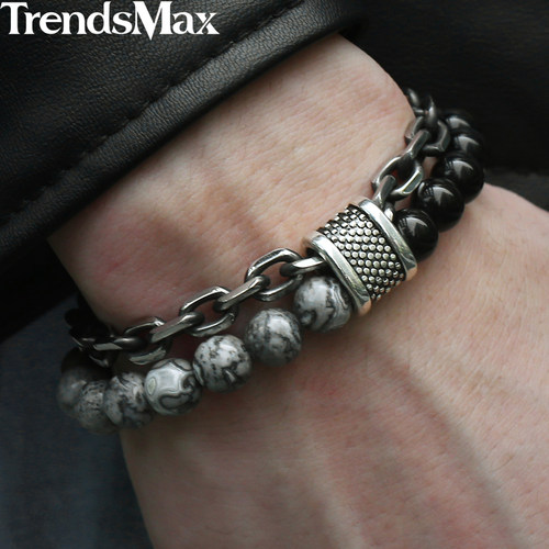 Trendsmax Natural Map Stone Men's Beaded Bracelet for women