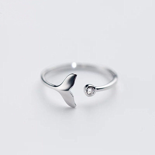 Fish Tale NewWhite Zircon Ring Fairy Silver Cubic Adjustable
