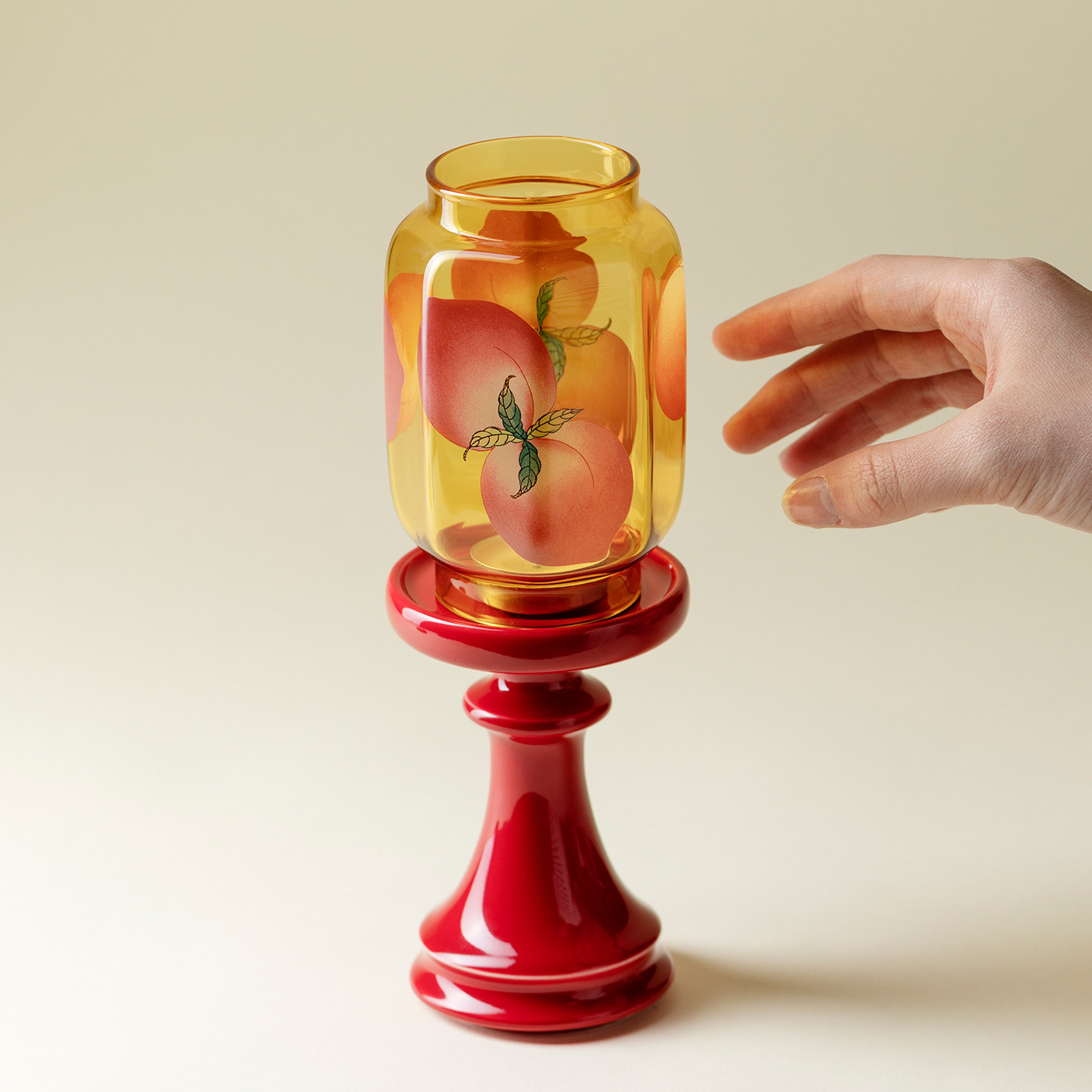 粉彩春桃玻璃烛台灯茶室陶瓷氛围灯古风块状蜡烛灯罩中式摆件