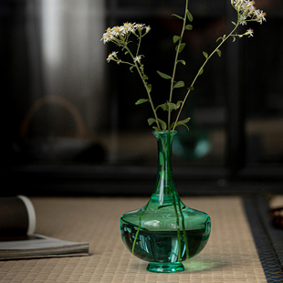 日式祖母绿中式雅致玻璃花插 透明玻璃花器 家居客厅茶室花瓶摆件