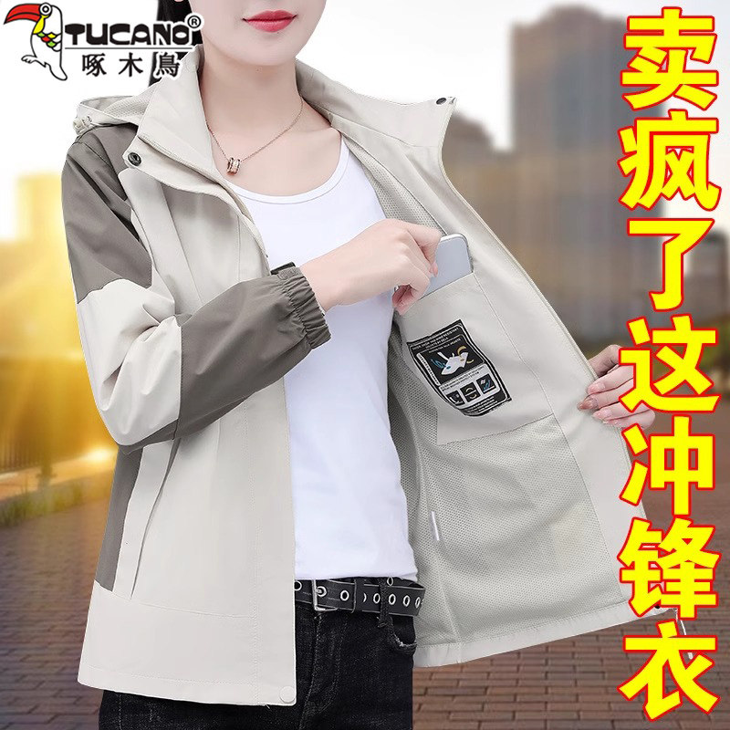 啄木鸟户外冲锋衣女款2026新款春秋薄款百搭夹克小个子女休闲外套