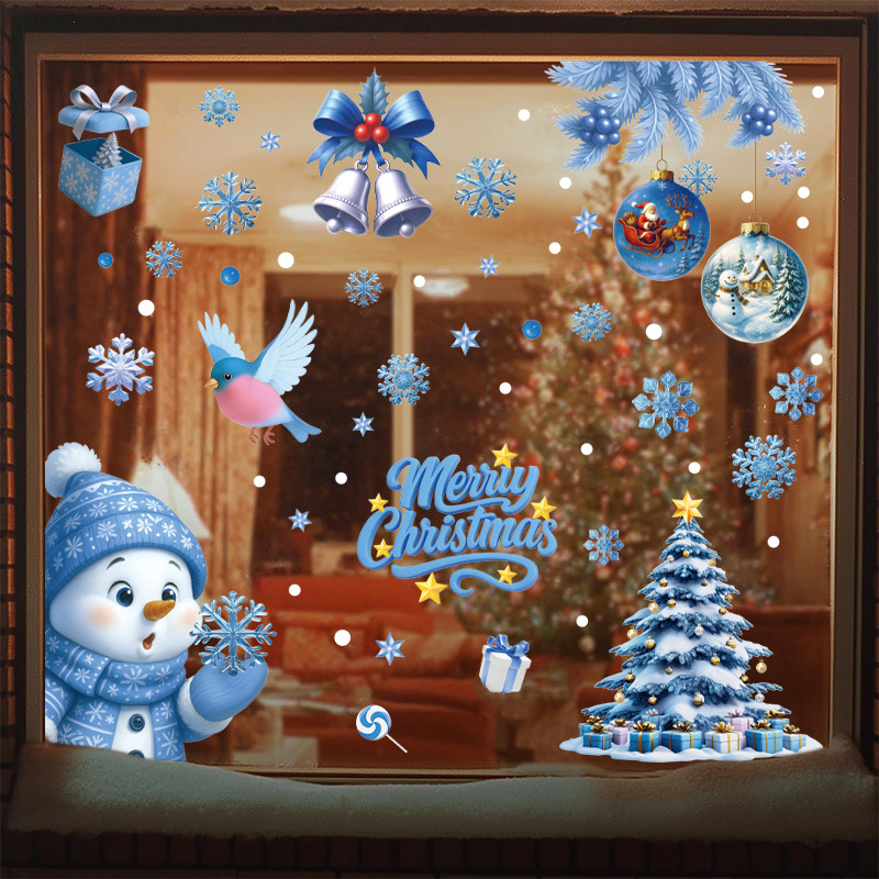 新款蓝色系圣诞节装饰品可爱雪人麋鹿静电贴纸圣诞派对吊球窗户贴