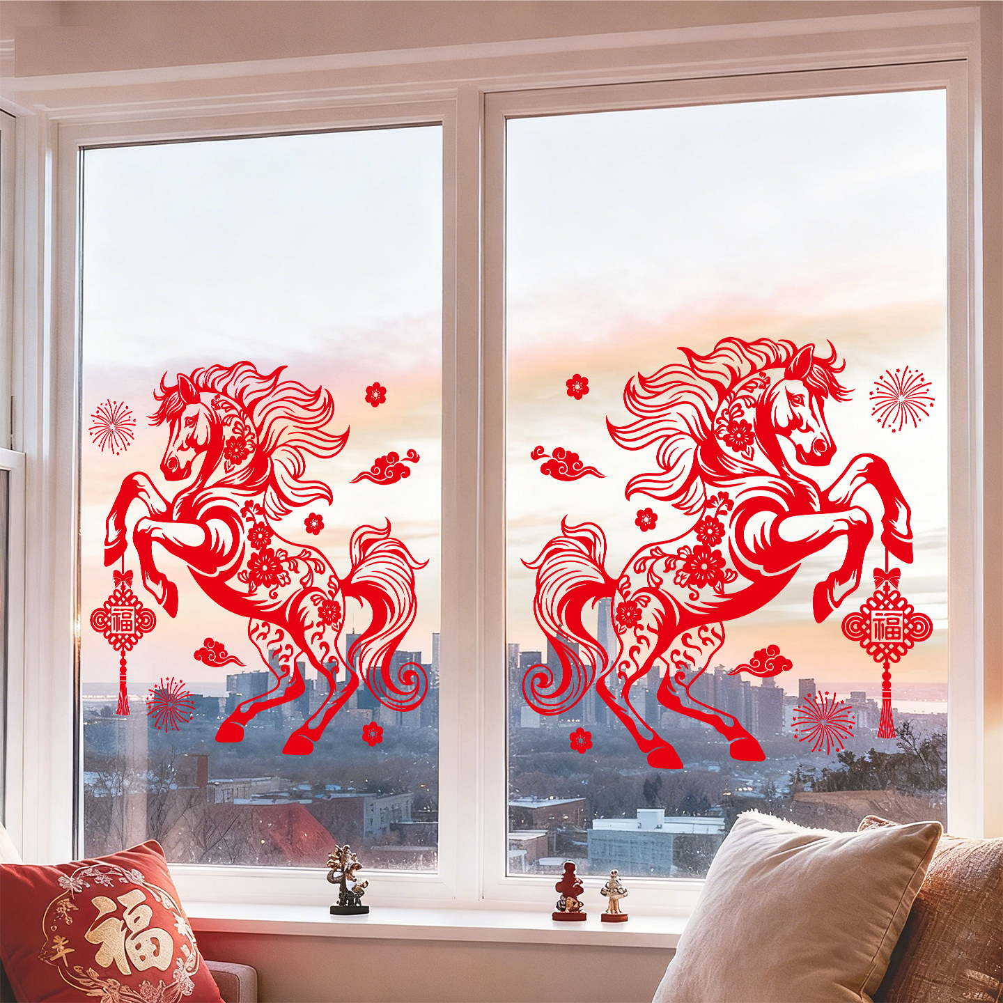 马年装饰窗花玻璃贴纸中国结福烟花客厅厨房窗户门贴布置静电贴纸