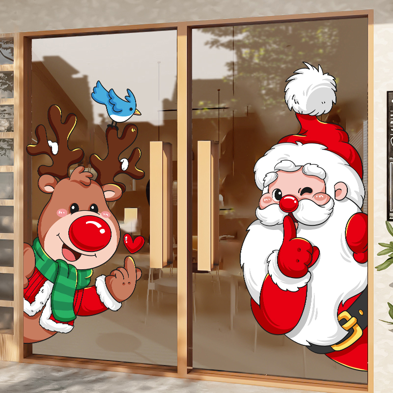 圣诞节装饰静电贴纸店铺玻璃门贴画圣诞老人麋鹿窗花场景布置窗贴