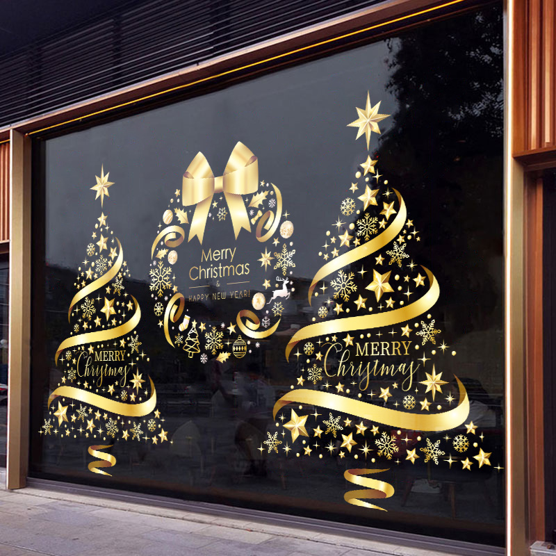 圣诞节装饰高档金色花环圣诞树玻璃贴纸静电贴橱窗场景布置窗花贴