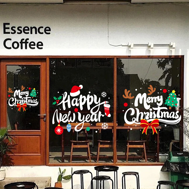 圣诞节装饰品英文字圣诞树鹿角店铺橱窗贴玻璃门贴纸静电窗花贴画