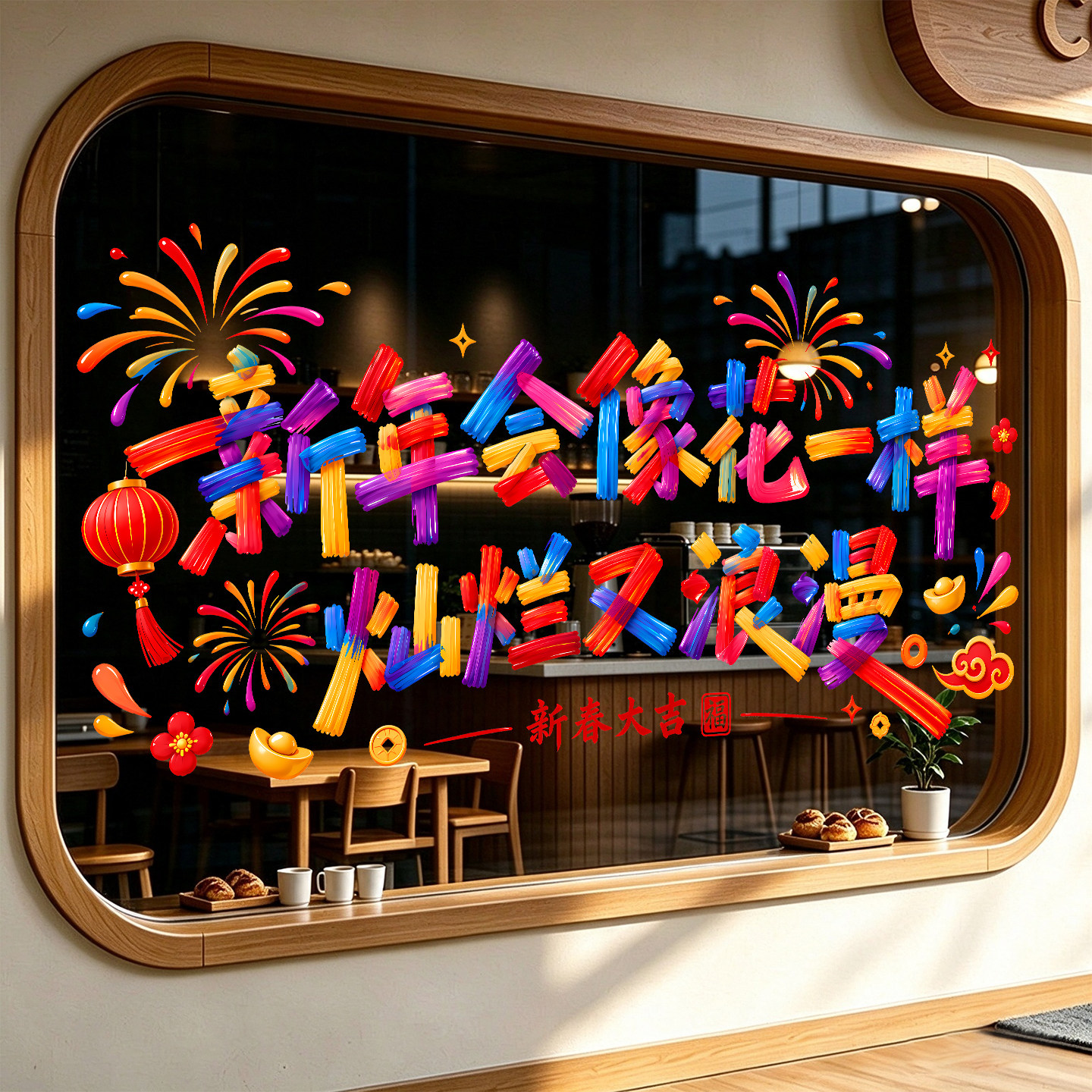网红新年标语静电玻璃贴纸餐饮门店橱窗烟花过年氛围布置装饰窗花