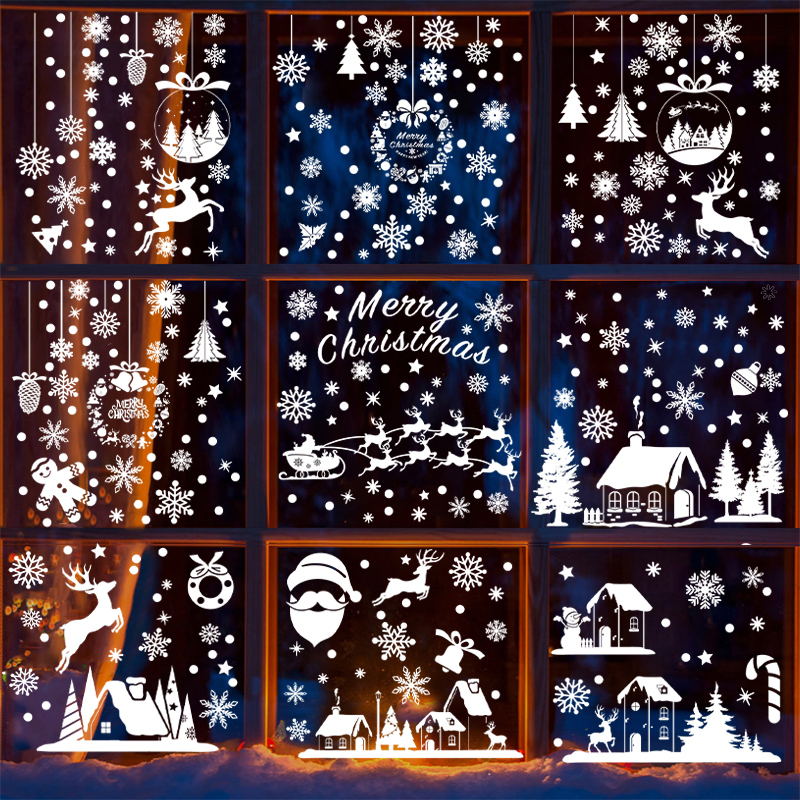 圣诞窗贴白色麋鹿雪花装饰静电贴
