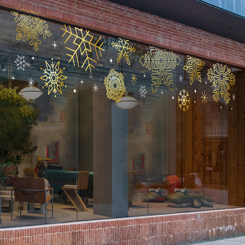 圣诞节装饰品店铺橱窗场景布置玻璃贴飘窗金雪花门贴纸静电窗贴画
