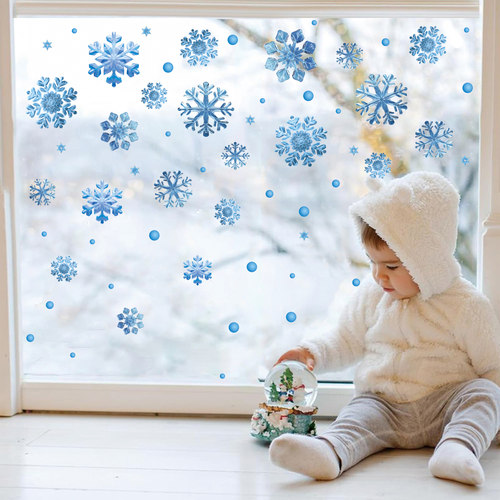 新款圣诞节玻璃贴纸蓝色雪花场景布置商场店铺门贴装饰品静电贴纸