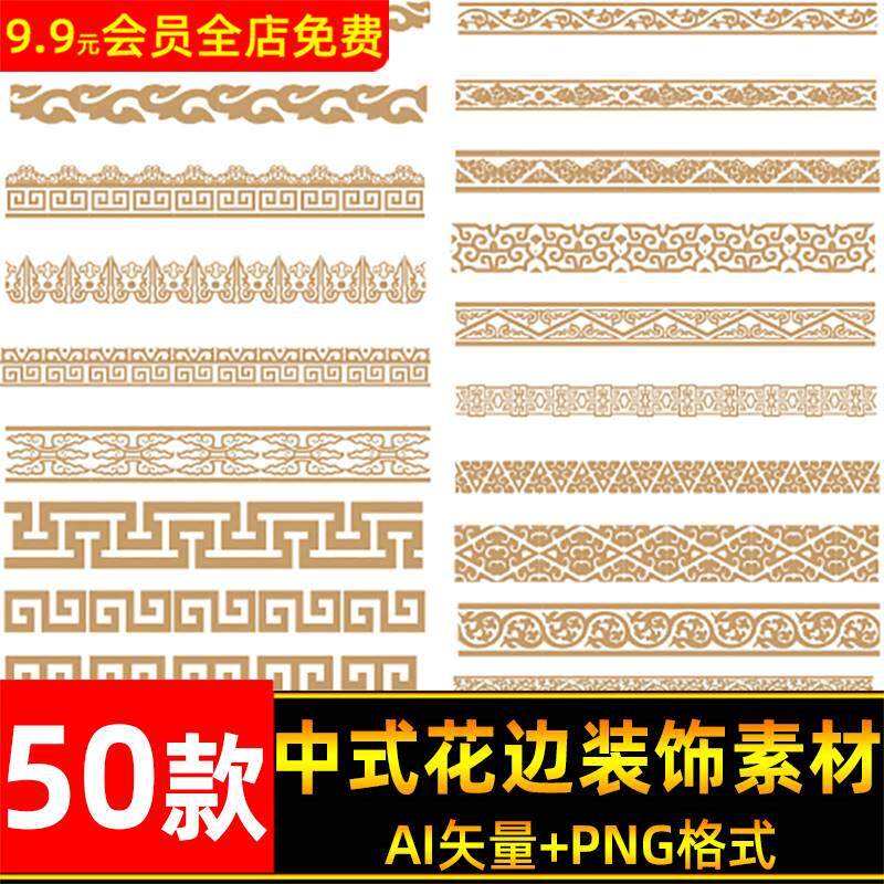 中式传统边框贴边纹理纹样花边缘装饰古典矢量素材镂空雕刻中国风