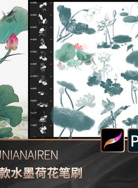 ps笔刷procreate笔刷中国古风传统荷花古典水墨国画莲花睡莲荷叶