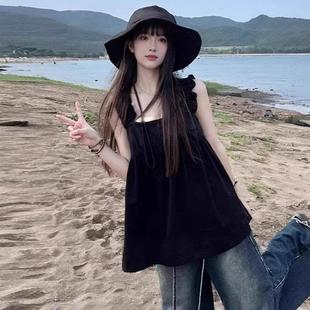 小众显瘦 黑色法式 甜美背心盐系小清新穿搭飞飞袖 设计T恤夏季 时尚