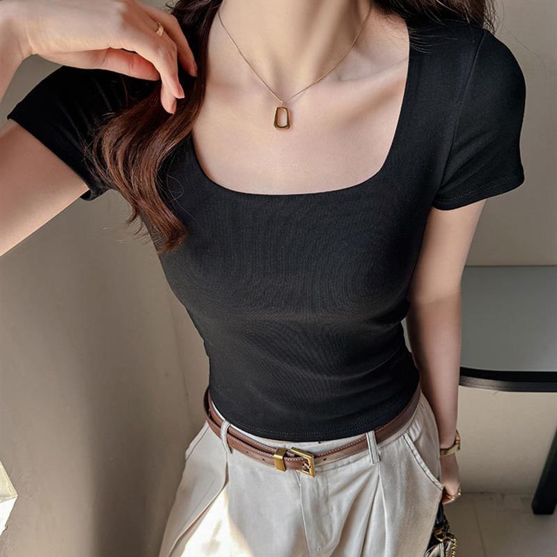 正肩黑色方领短袖T恤女夏短款露脐高级感辣妹时尚修身大领口上衣