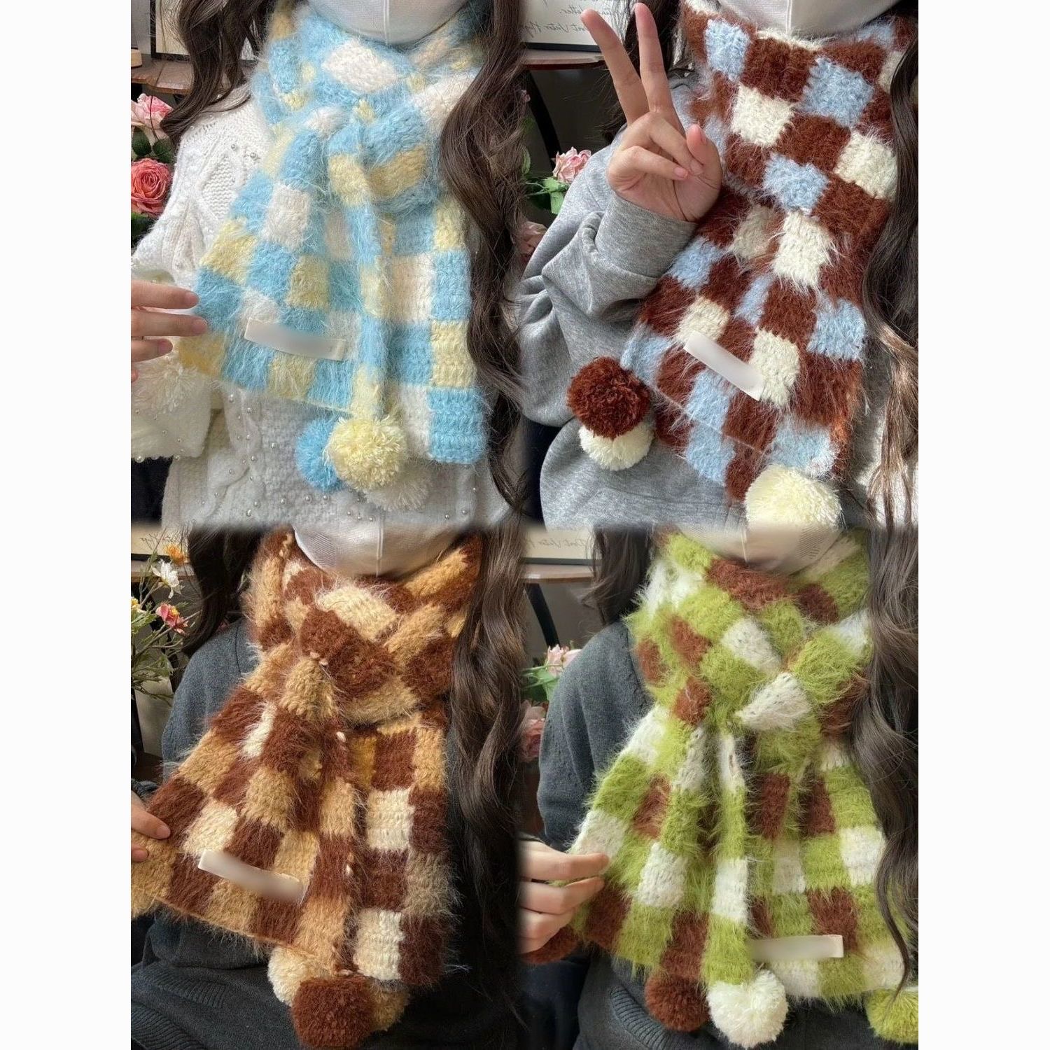 毛线手工自制钩针编织羊毛混纺雪花纱三色棋盘格围巾diy材料包