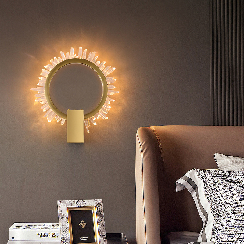 现代轻奢壁灯卧室床头高档客厅背景墙走廊过道圆环天然水晶原石灯