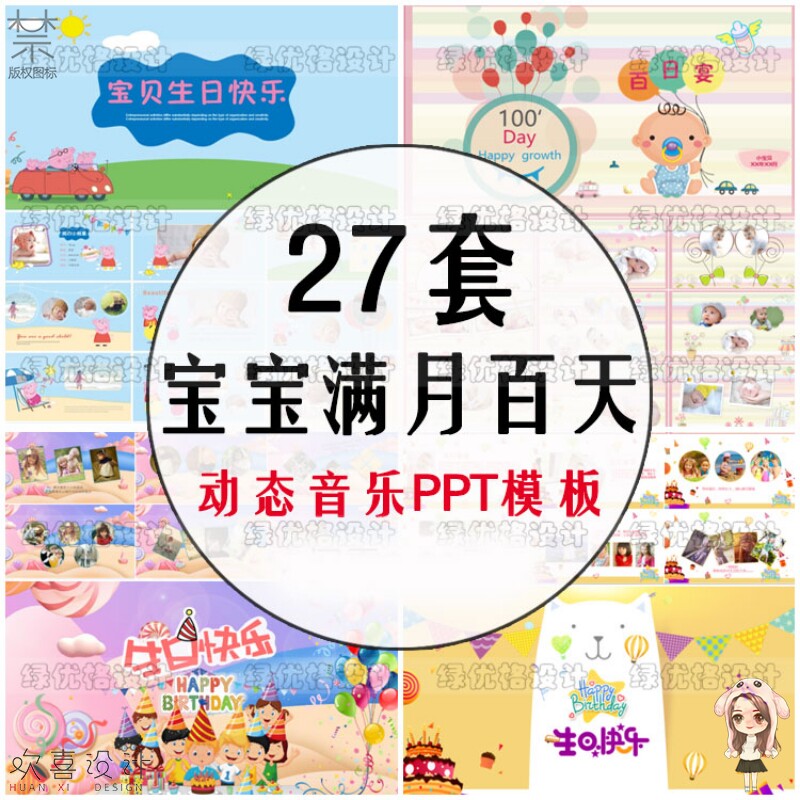 宝宝百日宴ppt模板 儿童动态满月生日周岁卡通动态电子纪念相册