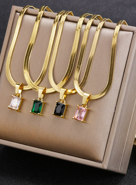 Vintage Rust Steel Zircon Necklace Flat Snake Bone Chain Bla