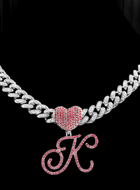 Hip Hop Pink A-Z Cursive Letter Initial Heart Pendant