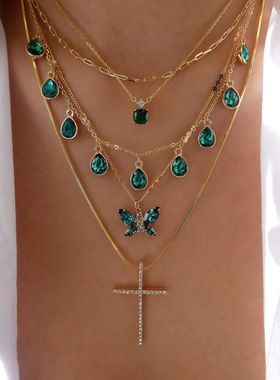 Boho Green Stone Water Drop Alloy Pendant Necklace For