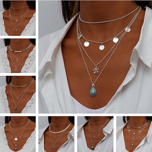 Vintage Moon Chain Coin Hand Portrait Layered Multi Hamsa
