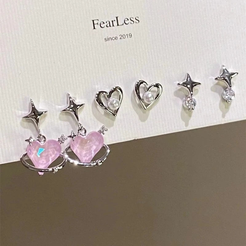 6pcs/set Women Silver Color Y2K Pink Crystal Heart Stud