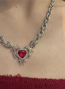 Punk Red Crystal Totem Love Heart Pendant Necklace for Women