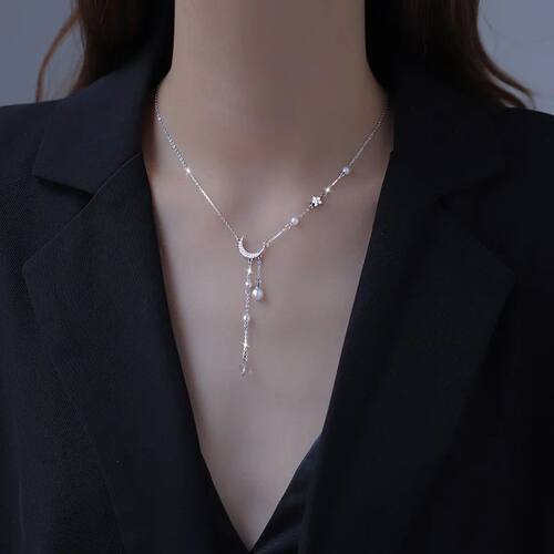 New Sterling Silver Star Moon Necklace Pearl Tassel