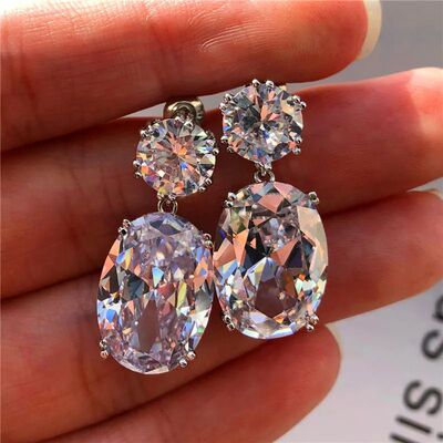 Sterling Silver Big Oval CZ Women Drop Earrings Elegant