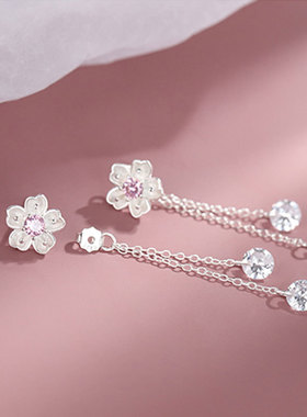 925 Sterling Silver Tassel Chain Cherry Blossoms Drop