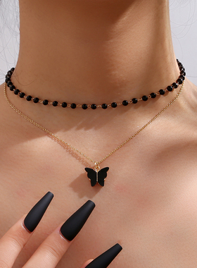 Black Butterfly Pendant Necklace Bead Opal Chain Shiny