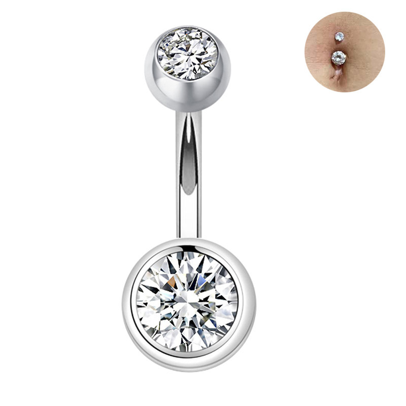 925 sterling silver belly button bar navel ring double gem