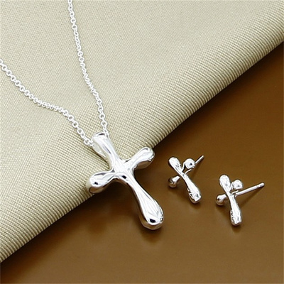 925 Sterling Silver Set Retro Cross Stud Earrings Necklace